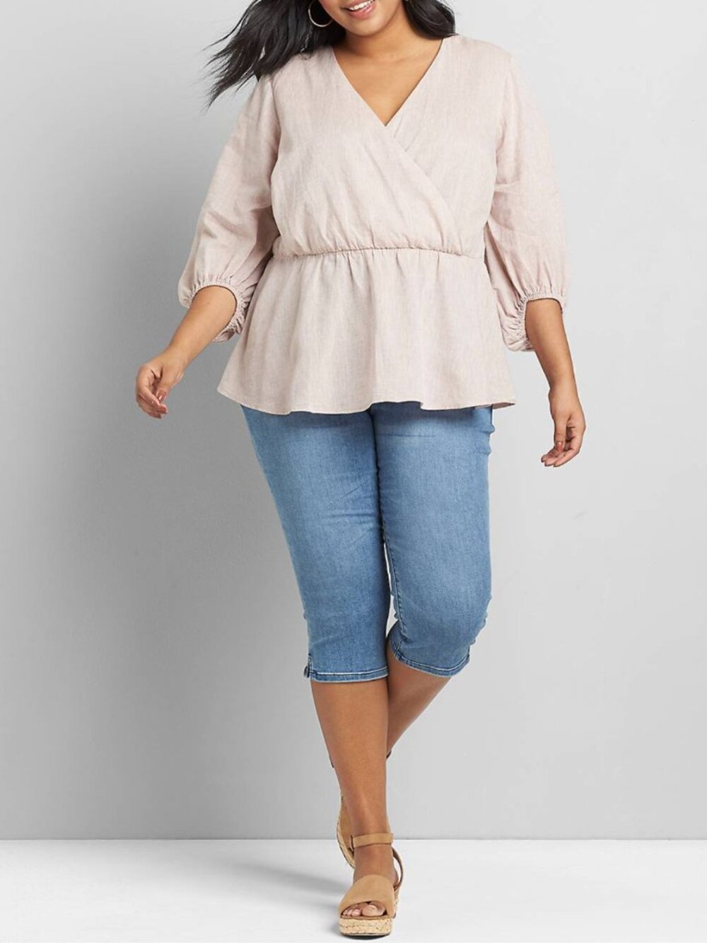 NWT Lane Bryant Linen Crossover Peplum Top 22 Plus Size Blush Taupe Neutral